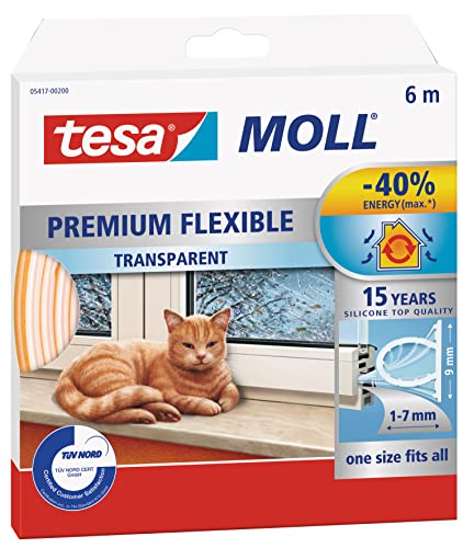 tesamoll Premium Flexible – Selbstklebende Silikondichtung zum Isolieren von Spalten an Fenstern und Türen – Transparent – 6 m x 9 mm x 7 mm