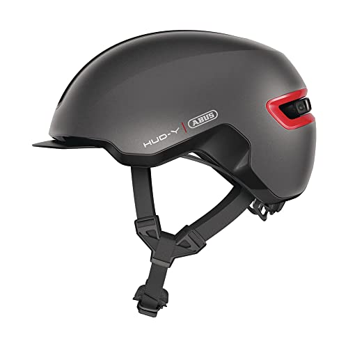ABUS Urban Helm HUD-Y – mit magnetischem LED-Rücklicht & Magnetverschluss – cooler Fahrradhelm für den Alltag – für Damen und Herren – Titan/Rot Matt, Größe L (59,99€ statt 97,80€)