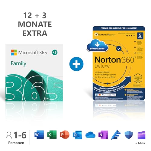 Microsoft 365 Family 12+3 Monate + Norton | 6 Nutzer | Amazon (PC & Mac) – Nur 53,99€ statt 69,99€