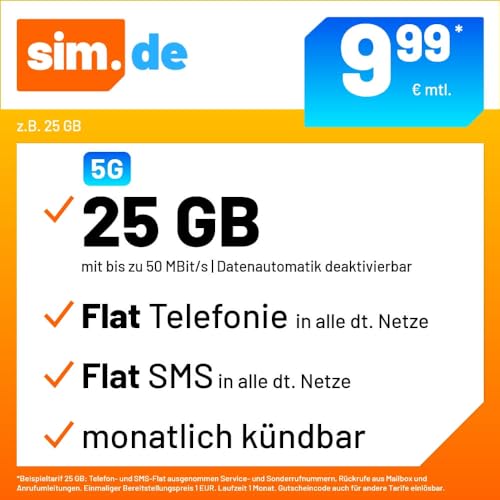 Handytarif sim.de Allnet Flat 25 GB nur 18,49€ – Spare 6,50€ im Monat!