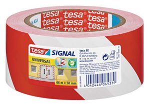 tesa Signal Markierungsklebeband UNIVERSAL – selbstklebendes Warnband zur permanenten Markierung – 66 m x 50 mm – Rot / Weiß (Spare 1,20€)