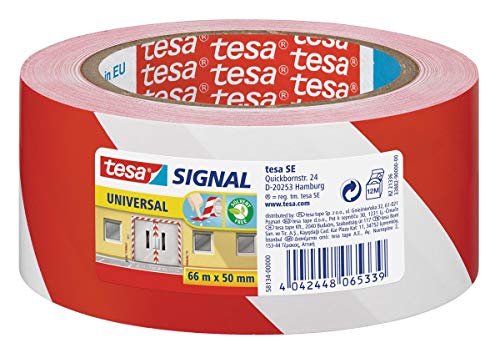 tesa Signal Markierungsklebeband UNIVERSAL – selbstklebendes Warnband zur permanenten Markierung – 66 m x 50 mm – Rot / Weiß (Spare 1,20€)